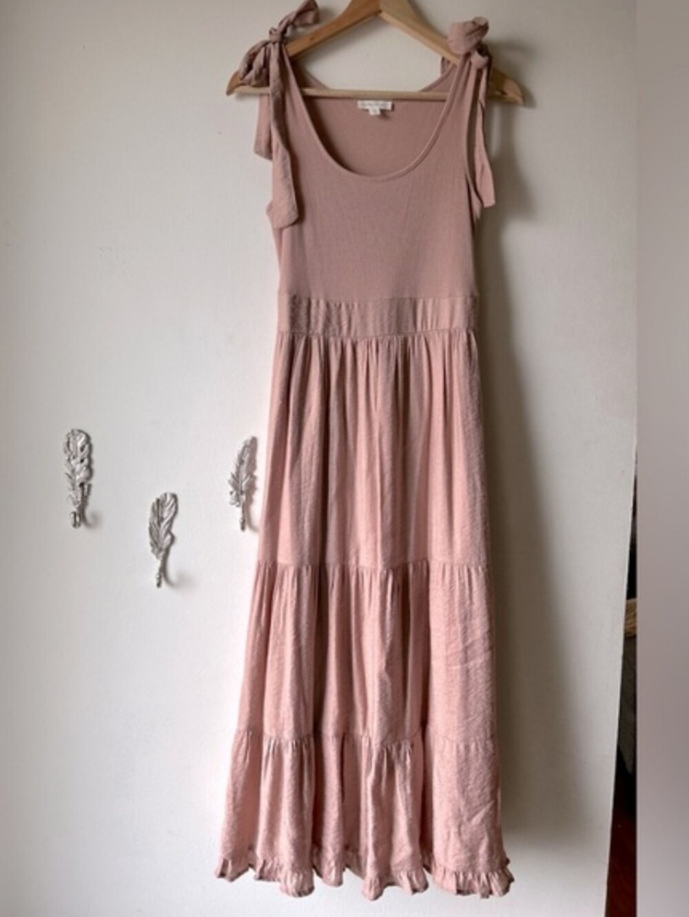 BY THE RIVER Rose Pink Tiered Maxi Sundress | Scoop Neck Sleeveless Ribbon Ties - Picture 1 of 1